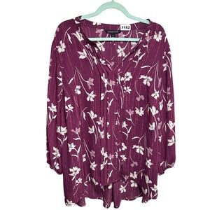 41 Hawthorn Plum Purple Floral V-Neck Long‎ Sleeve Blouse Plus Size 2X